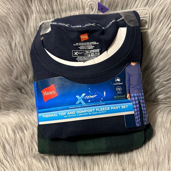 Hanes 2 Piece Pajama Set Mens Size 2XL Green Blue Thermal Top Fleece Plaid Pants - Picture 1 of 5